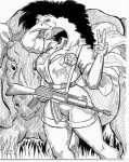 1997 anthro assault_rifle avian big_breasts bird black_and_white bottomwear breasts clothing duo english_text feathers female feral gesture grass greyscale gun hand_gesture long_neck looking_at_viewer mammal masai_ostrich monochrome oscar_marcus ostrich outside pen_(artwork) pin_button pinup plant pose ranged_weapon ranger ratite rhinoceros rifle savanna shorts text traditional_media_(artwork) v_sign weapon