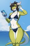 anthro beach beverage beverage_can bikini black_bikini black_clothing black_hair black_swimwear breasts clothing collarbone eyebrows eyelashes female gloves_(marking) green_body hair holding_beverage holding_object horn looking_at_viewer markings navel open_mouth orange_eyes outside pupils seaside short_hair slit_pupils solo swimwear tail two-piece_swimsuit white_body zeekzag mythology dragon mythological_creature mythological_scalie scalie 2023 hi_res portrait three-quarter_portrait