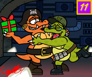 4_fingers anthro belly belt bent_leg black_belt black_boots black_clothing black_eyes black_footwear black_hat black_headwear bodily_fluids boots brown_belt brown_boots brown_clothing brown_footwear christmas_present claws clothing crying duo ear_piercing ear_ring eyes_closed featureless_crotch finger_claws fingers footwear gift green_body green_helmet green_nipples green_scales green_tail hand_on_pec happy hat headgear headwear holding_gift holding_object holidays hoop_ear_ring hug hugging_another inside larger_male lidded_eyes light looking_at_another male male_anthro multicolored_body multicolored_scales nipples non-mammal_nipples number on_one_leg open_mouth open_smile orange_body orange_scales orange_tail overweight overweight_anthro overweight_male pecs piercing pink_tongue pipe pirate_hat ring_piercing scales sharp_teeth shoes size_difference smile smiling_at_another smiling_at_each_other standing tail tears tears_of_joy teeth text_box tongue toothy_grin two_tone_body two_tone_scales utility_belt wall_(structure) white_claws yellow_belly captainquack64 christmas donkey_kong_(series) donkey_kong_country_(tv_series) nintendo kaptain_skurvy klump kremling scalie 2022 colored digital_drawing_(artwork) digital_media_(artwork) english_description hi_res lighting signature