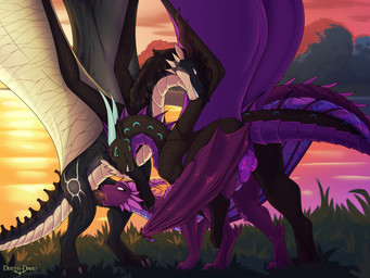 anal anal_penetration black_hair bodily_fluids doggystyle fellatio female feral feral_on_feral feral_penetrated feral_penetrating feral_penetrating_feral from_behind_position genitals grass group group_sex hair horn long_neck long_tail male male/female membrane_(anatomy) membranous_wings on_grass on_ground oral outside penetration penile penile_penetration penis penis_in_ass penis_in_vagina plant purple_horn purple_penis saliva sex spiked_tail spikes spikes_(anatomy) spitroast sunset tail threesome trio vaginal vaginal_penetration wings dreyk-daro european_mythology mythology dragon mythological_creature mythological_scalie scalie western_dragon 4:3 absurd_res hi_res