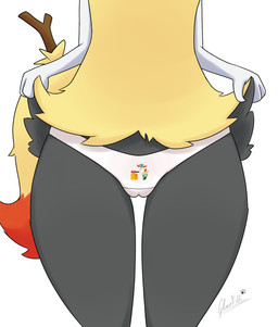 3_fingers anthro black_body black_fur camel_toe clothed clothing dipstick_tail female fingers fur genital_outline markings panties panties_only print_clothing print_panties print_underwear simple_background solo tail tail_markings topless underwear underwear_only upskirt white_clothing white_panties white_underwear yellow_body yellow_fur glacefrostbite nintendo pokemon braixen generation_6_pokemon pokemon_(species) absurd_res hi_res
