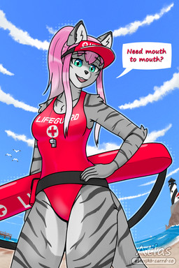 anthro arm_tuft beach belt belt_pouch black_nose breasts chest_tuft clothing cloud countershade_face countershade_legs countershade_tail countershade_thighs countershading detailed_background dialogue dipstick_ears ear_markings elbow_tuft female fur gradient_hair green_eyes grey_body grey_fur hair hand_on_hip hand_on_own_hip hat headgear headwear hip_tuft life_preserver lifeguard lifeguard_swimsuit lighthouse long_hair looking_at_viewer low-angle_view markings medium_breasts multicolored_ears one-piece_swimsuit open_mouth outside pier pink_hair ponytail red_clothing red_swimwear sand sea shoulder_tuft smile solo speech_bubble standing striped_body stripes swimwear tail talking_to_viewer teeth text tuft visor_cap water whistle_(object) whistle_around_neck white_hair atlas_jkb anya_(atlas_jkb) ambient_bird domestic_cat felid feline felis mammal tabby_cat 2:3 english_text halftone hi_res shaded watermark