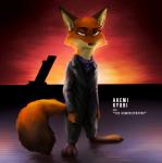 abstract_background amber_eyes anthro barefoot biped brown_ears cheek_tuft clothed clothing dipstick_tail facial_tuft feet female half-closed_eyes markings multicolored_tail narrowed_eyes solo standing suit tail tail_markings text tuft thewyvernsweaver disney zootopia fan_character neveen_(kulkum) canid canine fox mammal red_fox true_fox 2019 digital_media_(artwork) english_text hi_res