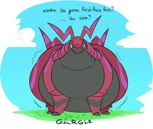 antennae_(anatomy) belly big_belly blue_sky blush dialogue feral front_view huge_belly looking_at_viewer outside overweight quadruped rumbling_stomach sky solo talking_to_viewer text wide_hips thatoneaceguy nintendo pokemon generation_5_pokemon pokemon_(species) scolipede 2026 english_text