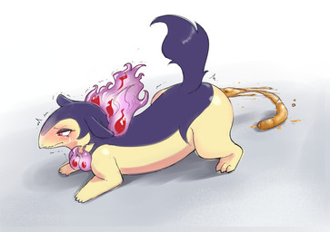 all_fours ambiguous_gender ambiguous_pooping anthro blue_body blue_fur blush blushing_profusely bodily_fluids butt ears_down elemental_manipulation emanata feces feces_on_ground female feral fire fire_manipulation fur gradient_background grey_background narrowed_eyes pivoted_ears pooping pooping_on_floor raised_tail red_eyes scatplay shadow simple_background solo sweat tail tan_body tan_fur white_background unoroute nintendo pokemon generation_8_pokemon hisuian_form hisuian_typhlosion pokemon_(species) regional_form_(pokemon) female_(lore)