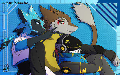 4_ears anthro black_body black_fur blue_body blue_eyes blue_fur bottomwear brown_body brown_fur clothed clothing feathers fur gloves group handwear jacket looking_at_viewer machine male multi_ear multicolored_body multicolored_fur pants screen screen_face shirt simple_background smile tail topwear trio white_body white_fur cosmic_noodle avali protogen sergal 2022 absurd_res digital_media_(artwork) hi_res shaded