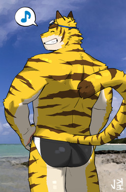 anthro beach bodily_fluids bottomwear brown_body brown_fur brown_stripes butt clothing countershade_arms countershade_butt countershade_face countershade_legs countershading dipstick_ears dipstick_tail ear_markings eyewear fur genital_fluids goggles logo looking_back male markings multicolored_body multicolored_ears multicolored_fur muscular muscular_anthro muscular_male rear_view smile solo speech_bubble speedo striped_body striped_fur stripes swimming_goggles swimwear tail tail_markings tan_body tan_countershading tan_fur text underwear yellow_body yellow_fur jeck morenatsu torahiko_ooshima felid mammal pantherine tiger 2025 artist_logo hi_res