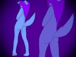 anthro blowup_background blue_body blue_fur butt covering covering_self female fur gradient_background hair hair_over_eyes looking_at_viewer looking_back nude pawpads purple_hair raised_tail rear_view simple_background solo standing tail tongue tongue_out unknown_artist canid canine mammal 4:3 digital_media_(artwork) hi_res