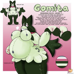 air_inflation anthro anus belly big_belly big_breasts breasts expansion female genitals green_body handles_on_hips inflatable inflation nipples pool_toy smile text valve_nipple vulva officialpeachbumz nintendo pokemon animate_inanimate generation_9_pokemon living_inflatable meowscarada pokemon_(species) absurd_res hi_res model_sheet