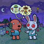 anthro balloon bobber bridge building burger chimney cliff clothed clothed_anthro clothed_female clothed_male clothing cloud crescent_moon detailed_background door duo evergreen_tree exclamation_point female female_anthro fishing_rod floppy_ears flower food fur gift grass green_ears green_tail holding_fishing_rod holding_object house hungry inflatable long_ears male male_anthro moon mouth_closed night open_mouth orange_body orange_fur outside pawpads pine_tree plant question_mark red_eyes river rock rose_(flower) round_tail shrub sky speech_bubble standing star starry_sky tail talking_to_another text thought_bubble topwear tree ufo white_body white_eyes white_flower white_tail yellow_balloon kot2ka animal_crossing nintendo biskit_(animal_crossing) ruby_(animal_crossing) alien canid canine canis domestic_dog gyroid lagomorph leporid mammal rabbit 2024 digital_drawing_(artwork) digital_media_(artwork) hi_res