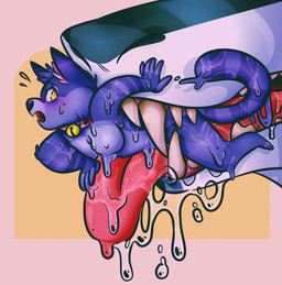 ambiguous_gender anthro bell bell_collar bodily_fluids collar drooling duo fur imminent_vore in_mouth male male/ambiguous markings open_mouth purple_body purple_fur saliva sharp_teeth striped_body striped_fur striped_markings striped_tail stripes tail tail_markings teeth tongue tongue_out vore yellow_eyes bileshroom felid feline mammal sergal hi_res