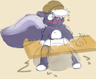 3_fingers ambiguous_gender anthro bag big_diaper blush blush_lines bodily_fluids brown_clothing brown_hat brown_headwear clothed clothing diaper excessive_feces featureless_feet feces feet fingers flying_sweatdrops fur furniture gloves_(marking) grey_body grey_fur grey_tail hands_on_table hat headgear headwear heart_symbol hyper hyper_feces hyper_soiling inner_ear_fluff leg_markings markings motion_lines multicolored_body multicolored_fur multicolored_tail open_mouth pink_nose pooping purple_body purple_ears purple_fur purple_inner_ear purple_inner_ear_fluff purple_tail shaking simple_background snaggle_tooth socks_(marking) soiled_diaper soiling soiling_diaper solo standing surprised sweat sweatdrop table tail tan_background three-quarter_view trembling tuft unclean_diaper used_diaper using_diaper wearing_diaper white_body white_fur x-ray_view onesydoo_(artist) animal_crossing nintendo kicks_(animal_crossing) mammal mephitid skunk 2025 colored_sketch full-length_portrait portrait sketch