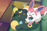 3_toes :< ambiguous_gender annoyed black_body black_ear_tips black_ears black_fur black_tail black_tail_tip blue_inner_ear bow_(feature) canid colored cute_fangs dipstick_ears dipstick_tail duo_focus ear_bow ear_grab ear_markings eeveelution espeon eyes_closed face_squish facial_markings feet feral forehead_markings fur generation_2_pokemon generation_6_pokemon group happy head_markings hi_res high-angle_view hirochanu inside kemono leg_grab leg_markings looking_at_another lying mammal markings monotone_tail multicolored_body multicolored_ears multicolored_fur multicolored_tail nintendo on_side open_mouth open_smile orange_eyes pink_body pink_ears pink_fur pink_tail pink_tongue pokemon pokemon_(species) pupils quadruped ribbon_coil ribbons ring_(marking) shaded smile socks_(marking) squish standing sylveon tail tail_markings toes tongue trio two_tone_body two_tone_ears two_tone_fur two_tone_tail umbreon white_body white_fur white_ribbon yellow_body yellow_ears yellow_fur yellow_tail