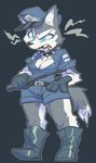 angry anthro baton blue_eyes boots breasts cleavage clothed clothing collar fangs female footwear gloves handwear medium_breasts shoes simple_background solo spiked_collar spikes teeth kaeritai07 canid canine canis mammal wolf digital_media_(artwork) shaded