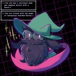 anthro beard black_body black_fur clothing eyewear facial_hair fur glasses hat headgear headwear horn male mustache scarf smile solo text wizard_hat gurluthechair deltarune undertale_(series) ralsei bovid caprine goat mammal bust_portrait english_text hi_res portrait