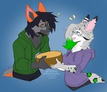 5_fingers anthro black_hair clothed clothing countershading duo eyebrows eyelashes fingers fur grey_body grey_fur hair male smile kittydee khopesh_aeterno canid canine felid feline fox lynx mammal 2022 digital_media_(artwork)