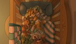 anthro baby_bottle bedding blanket brown_body brown_fur clean_diaper clothed clothing crib diaper diaper_only eyes_closed female fur lying on_side pacifier plushie sleeping solo toddler topless wearing_diaper white_body white_fur young young_anthro young_female acidgrunt canid canine fox mammal