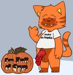 after_masturbation animal_genitalia animal_penis anthro balls bodily_fluids clothing cum cum_in_pumpkin cum_on_face fangs feline_genitalia feline_penis food fruit fur genital_fluids genitals jack-o'-lantern leaking_cum leaking_penis male orange_body orange_fur penetrating_pumpkin penis plant pumpkin red_eyes shirt simple_background solo standing suggestive_shirt suggestive_topwear t-shirt teeth text text_on_clothing text_on_shirt text_on_topwear topwear whiskers crushpepper i'm_full_of_cum meme_clothing pepper_(crushpepper) domestic_cat felid feline felis mammal 2022 digital_drawing_(artwork) digital_media_(artwork) hi_res meme