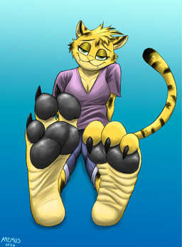 anthro bottomwear claws clothing curling_toes denim denim_bottomwear denim_clothing fangs feet female foot_fetish foot_focus green_eyes jeans looking_at_viewer pants pawpads purple_clothing purple_shirt purple_topwear shirt smile smiling_at_viewer soles solo tail teeth toe_claws toes topwear wrinkled_feet wrinkles a9ymus kiki_(a9ymus) cheetah felid feline mammal digital_media_(artwork) hi_res shaded signature