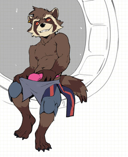 4_fingers 4_toes anthro arm_tuft belly belly_tuft black_claws black_nose brown_arms brown_belly brown_body brown_chest brown_ears brown_fur brown_head brown_inner_ear brown_markings brown_neck brown_nipples brown_stripes bulge bulge_grab cheek_tuft claws clothed clothing countershade_head countershading dark_claws dark_nose ear_piercing ear_ring facial_markings facial_tuft feet fingers fur gloves_(marking) gold_(metal) gold_jewelry gold_piercing happy head_markings head_tuft humanoid_hands jewelry leg_markings looking_aside looking_away looking_down male male_anthro markings mask_(marking) monotone_arms monotone_clothing monotone_legs monotone_tail monotone_thong monotone_underwear multicolored_body multicolored_fur nipples open_mouth open_smile piercing pink_clothing pink_thong pink_underwear plantigrade pupils red_eyes ring_piercing simple_background smile socks_(marking) solo striped_markings striped_tail stripes tail tail_markings tan_body tan_countershading tan_ears tan_fur tan_head tan_pupils thong three-quarter_view toes toony topless topless_anthro topless_male tuft two_tone_body two_tone_fur two_tone_head underwear undressing window jrjresq guardians_of_the_galaxy marvel marvel_rivals rocket_raccoon mammal procyonid raccoon digital_drawing_(artwork) digital_media_(artwork) flat_colors full-length_portrait hi_res portrait