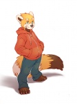 4_toes anthro barefoot biped bottomwear brown_body brown_fur claws clothed clothing dipstick_tail feet fully_clothed fur green_eyes grey_nose hand_in_pocket hands_in_both_pockets hoodie jacket male markings orange_body orange_fur pants pockets simple_background smile solo standing tail tail_markings toes topwear white_background orangetavi tavi ailurid mammal red_panda