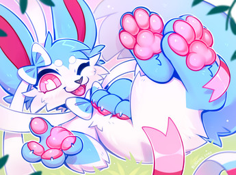 ambiguous_gender claws feet feral fur hair looking_at_viewer lying on_back smile solo tail teeth toes tongue bloominglynx nintendo pokemon eeveelution generation_6_pokemon pokemon_(species) shiny_pokemon sylveon 2026 absurd_res digital_drawing_(artwork) digital_media_(artwork) hi_res