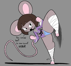 anthro bandage bandaged_leg black_eyes blush blush_lines breasts brown_hair cleavage clothed clothing dialogue feet female flat_chested grey_background grey_body hair keikogi looking_at_viewer martial_arts_uniform panties panty_shot pose raised_leg simple_background small_breasts solo sportswear tail text thick_thighs underwear wide_hips usagibun1 ida_(usagibun1) mammal mouse murid murine rodent 2024 digital_media_(artwork) english_text