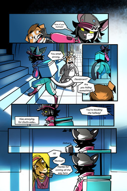 annoyed anthro backpack black_body black_clothing black_fur black_hair black_hat black_headwear black_suit_jacket blue_backpack blue_bottomwear blue_clothing blue_pants bottomwear clothed clothed_anthro clothed_female clothed_male clothing delivery_(commerce) delivery_employee dialogue door female female_anthro fur group hair hallway hand_on_face hat headgear headwear horizontal_pupils jacket knocking knocking_on_door light male male_anthro monotone_body necktie pants pink_clothing pink_jacket pink_nose pink_topwear pupils short_hair spikes stairs text topwear unusual_pupils yellow_eyes gatonejo mono_(gatonejo) canid canine canis domestic_cat domestic_dog felid feline felis mammal 2025 absurd_res comic english_text hi_res multiple_scenes
