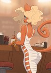 anthro bar_stool blonde_hair blue_eyes bowl bracelet breasts brown_body brown_fur clothing container dress female fur furniture glass hair jewelry napkin napkin_holder side_boob solo stool conditional_dnp jollyjack domestic_cat felid feline felis mammal 2024