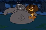 anthro belly belly_hair big_belly body_hair chest_hair duo facial_hair hand_on_belly male male/male mane moobs navel obese obese_anthro overweight overweight_anthro overweight_male size_difference smile water dangerthedragon dreamworks madagascar_(series) alex_(madagascar) moto_moto common_hippopotamus felid hippopotamid lion mammal pantherine