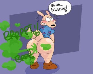 anthro big_butt blush bodily_fluids bottomless bubble_butt butt clothed clothing dialogue embarrassed fart fart_cloud footwear fur green_fart_cloud huge_butt looking_at_viewer looking_back looking_back_at_viewer male raised_tail rear_view shirt shoes smile solo sound_effects speech_bubble sweat sweatdrop tail tan_body tan_fur teeth text topwear brappycatty sunniefunnie nickelodeon rocko's_modern_life rocko_rama macropod mammal marsupial wallaby english_text hi_res