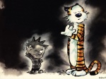 4_fingers anthro countershading dark dirty duo eyes_closed fingers gloves_(marking) head_scratch humor ink larger_male leg_markings male markings one_eye_closed paws size_difference smaller_male smoke socks_(marking) stripes tail wavy_mouth bill_watterson kazam calvin_and_hobbes calvin_(calvin_and_hobbes) hobbes felid human mammal pantherine tiger 4:3 signature traditional_media_(artwork) wallpaper