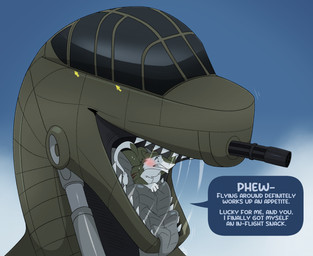 aircraft anthro anthro_pred anthro_prey black_body blue_eyes blush duo eyeless feet_first grey_internals gun helicopter in_mouth larger_pred machine male male/male oral_vore ranged_weapon simple_background size_difference speech_bubble text vehicle vore weapon dolphinproject living_aircraft living_helicopter living_machine living_vehicle sergal 2026 english_text hi_res