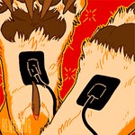 ambiguous_form ambiguous_gender brown_claws brown_pawpads claws electric_shock electrode faceless_ambiguous faceless_character feet foot_fetish foot_shot fur orange_body orange_fur paw_tuft pawpads red_background simple_background solo sparkles tan_body tan_fur toe_claws 0ct0m0n0 epilepsy_warning guild_wars ambiguous_species charr felid mammal 1:1 animated low_res short_playtime signature