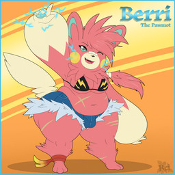 ankle_band anthro bandage bandage_on_face bandage_on_nose blue_border border bottomwear bra breasts bulge clothing electricity gynomorph hair hotpants intersex one_eye_closed ponytail scar shorts shortstack shortstack_gynomorph shortstack_intersex slightly_chubby solo underwear wide_hips wink trinitylight nintendo pokemon berri_the_pawmot generation_9_pokemon pawmot pokemon_(species) shiny_pokemon 1:1 2023 digital_media_(artwork) hi_res trans_(lore) trans_woman_(lore)