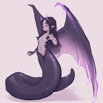 apode black_body black_hair black_scales breasts claws eyelids featureless_breasts female hair horn humanoid_pointy_ears legless long_hair narrowed_eyes navel purple_eyes scales serpentine small_breasts smile solo split_form tail white_body white_skin wing_claws wings tateoftot draconcopode lamia reptile scalie snake 1:1 hi_res