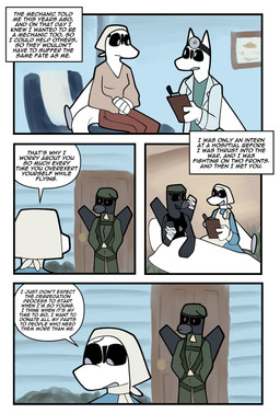 aircraft anthro black_body black_sclera clothed clothing coat dialogue doctor doctor's_office duo examination_table female female/female flight_suit head_mirror lab_coat machine male male/female medical_instrument nurse_clothing nurse_uniform outside scientific_instrument scrubs text topwear uniform vehicle white_body bunchasticks bombardier learjet_35 su-47 sukhoi mayday_(bunchasticks) vlada_(bunchasticks) aeromorph living_aircraft living_machine living_vehicle comic english_text hi_res