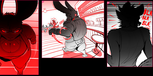 angry annoyed anthro aura big_breasts big_butt bottomwear breasts butt clothing cotton_tail denim denim_bottomwear denim_clothing detailed_background female footwear group inner_ear_fluff jeans long_ears male mischievous_smile motion_lines muscular muscular_female pants preparing ready_to_fight red_eyes red_light red_shadow shoes sneakers thick_thighs tuft walking wide_hipped_female wide_hips softbunnyhouse fatima_coco tod_(softbunnyhouse) hyena lagomorph leporid mammal rabbit black_and_white comic digital_drawing_(artwork) digital_media_(artwork) monochrome