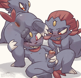 all_fours anthro anus balls biped black_body blush bodily_fluids butt forehead_gem foreskin gem genital_fluids genitals grin group group_sex hiked_leg humanoid_genitalia humanoid_penis male male_anthro masturbation nipples nude_anthro nude_male penile penile_masturbation penis precum raised_leg red_body red_eyes sex simple_background smile solo sweat threesome unretracted_foreskin white_background sharkysocks nintendo pokemon generation_4_pokemon pokemon_(species) weavile 2025 digital_media_(artwork) hi_res