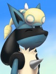 ambiguous_gender anthro black_body black_ears black_fur black_inner_ear black_nose blue_body blue_fur canid canine carrying_another chest_spike drill_tail dunsparce duo eyes_closed feral floppy_ears fur generation_2_pokemon generation_4_pokemon joltik_(artist) lucario mammal nintendo nude on_head on_top open_mouth pokemon pokemon_(species) size_difference smile spikes spikes_(anatomy) striped_body striped_skin stripes tan_body tan_fur white_wings wings yellow_body yellow_skin