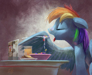 beverage blue_body blue_feathers blue_fur bodily_fluids bowl bread breakfast bubble cereal container eating eyelashes eyes_closed feathered_wings feathers female feral food fur glass hair milk multicolored_hair open_mouth plate rainbow_hair sleeping snot snot_bubble solo toast tongue tongue_out using_wings wing_hold wings tsitra360 friendship_is_magic hasbro my_little_pony mythology rainbow_dash_(mlp) scootaloo_(mlp) equid equine mammal mythological_creature mythological_equine pegasus signature