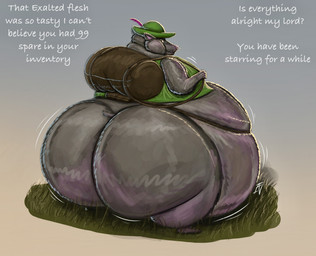 anthro backpack belly big_belly big_butt bottomless bottomless_anthro bottomless_male butt clothed clothing dialogue fur grass hat hat_feather headgear headwear huge_belly huge_butt looking_back loose_feather male morbidly_obese morbidly_obese_anthro morbidly_obese_male mouth_closed obese obese_anthro obese_male overweight overweight_anthro overweight_male partially_clothed plant rear_view rope solo tail text ian-exe elden_ring fromsoftware boc_the_seamster demi-human_(elden_ring) 2024 hi_res signature