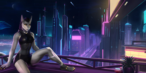 anthro city city_background city_lights clothed clothing crossdressing cyberpunk dildo dreadlocks grey_body gynomorph intersex lamp lava_lamp night science_fiction sex_toy solo yellow_eyes dimonis aquatic fish hybrid shark hi_res