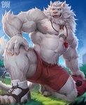 2024 abs absurd_res anthro arm_support arm_tuft ball beard biceps blue_eyes body_hair bottomwear claws clothed clothing crouching elbow_tuft facial_hair fangs felid finger_claws footwear fur grass hair happy_trail heterochromia hi_res league_of_legends low-angle_view male mammal mane mane_hair muscular muscular_anthro muscular_male nipples open_mouth outside pantherine pecs physen plant quads red_eyes rengar_(lol) riot_games sharp_teeth shorts sky soccer_ball solo teeth tencent toe_claws toeless_footwear tongue topless triceps tuft vein veiny_muscles whistle_(object) whistle_around_neck white_body white_fur