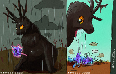 ambiguous_gender antennae_(anatomy) anthro back_tentacles biped blue_body blue_markings blush dipstick_tail dipstick_tentacles endosoma forestomach internal larger_pred markings purple_body raining regurgitation safe_vore size_difference striped_markings stripes tail tail_markings tentacles vore whiskers conditional_dnp foxyoreos gyrotech rain_world videocult yoku_(gyrotech) rain_deer_(rain_world) slugcat absurd_res hi_res