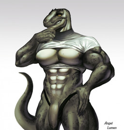 4_fingers abs anthro arms_bent black_claws black_spots black_thongs bodily_fluids claws clothing crop_top featureless_chest finger_claws fingers flaccid genitals green_body green_scales green_tail grey_clothing grey_crop_top grey_shirt grey_topwear grin grinning_at_viewer humanoid_genitalia humanoid_penis light long_tail looking_at_viewer male markings multicolored_body multicolored_skin muscular muscular_anthro muscular_arms muscular_male muscular_thighs navel non-mammal_navel pecs penis scales sharp_teeth shirt simple_background smile smiling_at_viewer solo spots spotted_body spotted_markings spotted_scales spotted_tail standing sweat sweaty_body sweaty_genitalia sweaty_penis sweaty_tail tail tail_markings tan_penis teeth thick_thighs topwear undressing_self white_background yellow_eyes angellumen t-rex_(docisle) dinosaur prehistoric_species reptile saurischian scalie theropod tyrannosaurid tyrannosauroid tyrannosaurus tyrannosaurus_rex 2023 colored digital_drawing_(artwork) digital_media_(artwork) english_description hi_res lighting portrait shaded three-quarter_portrait