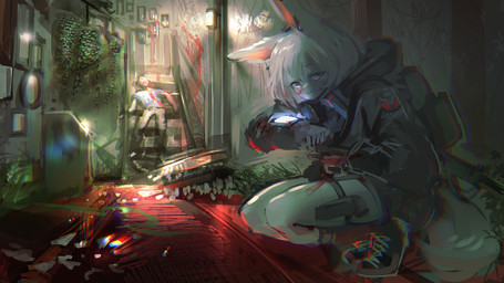 ambiguous_gender anthro assassin backpack biped blood blood_on_clothing blood_on_face blood_on_hair blue_eyes bodily_fluids bullet_casing clothing corpse crouching death duo eyebrows female footwear gun hair handgun holster kemono killing looking_at_viewer map one_ear_up pistol plant ranged_weapon shoes stairs violence weapon white_hair utterangle white_fox_(utterangle) canid canine fox mammal 16:9 4k absurd_res chromatic_aberration digital_media_(artwork) hi_res widescreen