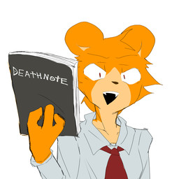 anthro bear_ears clothed clothing fur hand_holding male note notebook open_mouth orange_body orange_fur red_eyes shirt simple_background smile solo teeth_showing topwear white_background white_clothing white_shirt white_topwear wolfninecloud_furb death_note light_yagami vincent_(smaxattax) bear mammal 1:1 hi_res