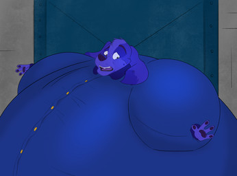 anthro blue_body blue_fur blueberry_inflation body_inflation button_(fastener) claws clothed clothing expansion fur inflation inside looking_down looking_down_at_self male open_mouth solo straining_buttons teeth tongue worried tumble-dry charlie_and_the_chocolate_factory canid canine canis domestic_dog mammal hi_res