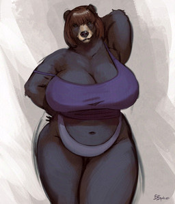 anthro belly big_breasts biped black_body black_fur breasts brown_body brown_fur cleavage clothed clothing crop_top female front_view fur green_eyes huge_breasts mature_anthro mature_female navel panties shirt slightly_chubby slightly_chubby_anthro slightly_chubby_female solo standing thick_thighs topwear underwear voluptuous_anthro voluptuous_female wide_hips bbpxls bear black_bear mammal ursine hi_res